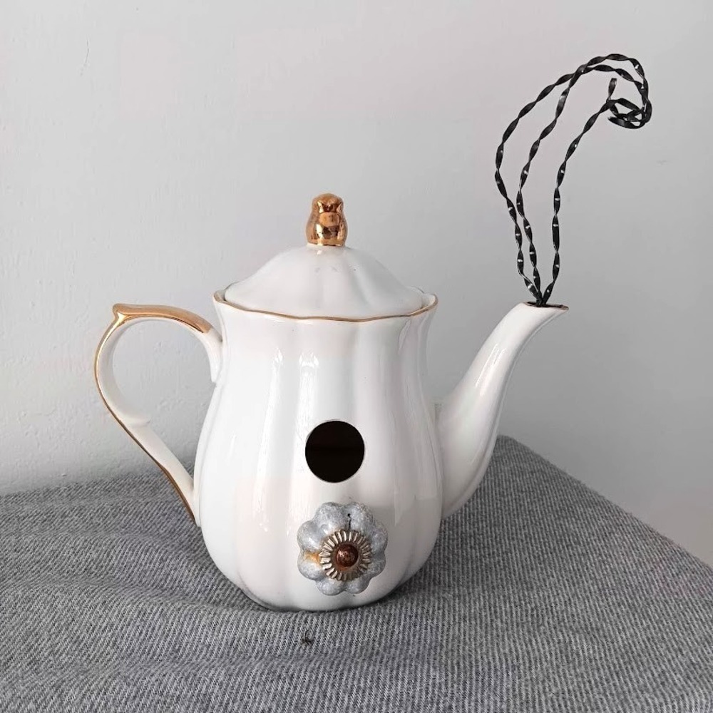 Graces Teaware Ceramic Teapot Birdhouse Decorative White with Gold Trim 10x11 in